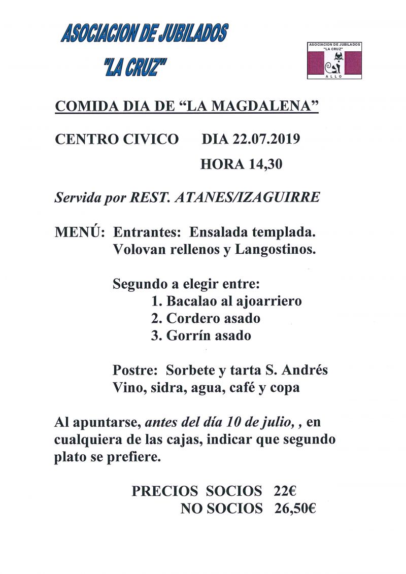 COMIDA DÍA DE LA MAGDALENA - ASOCIACIÓN JUBILADOS LA CRUZ