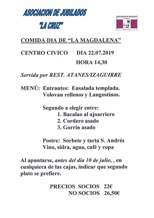 COMIDA DÍA DE LA MAGDALENA - ASOCIACIÓN JUBILADOS LA CRUZ