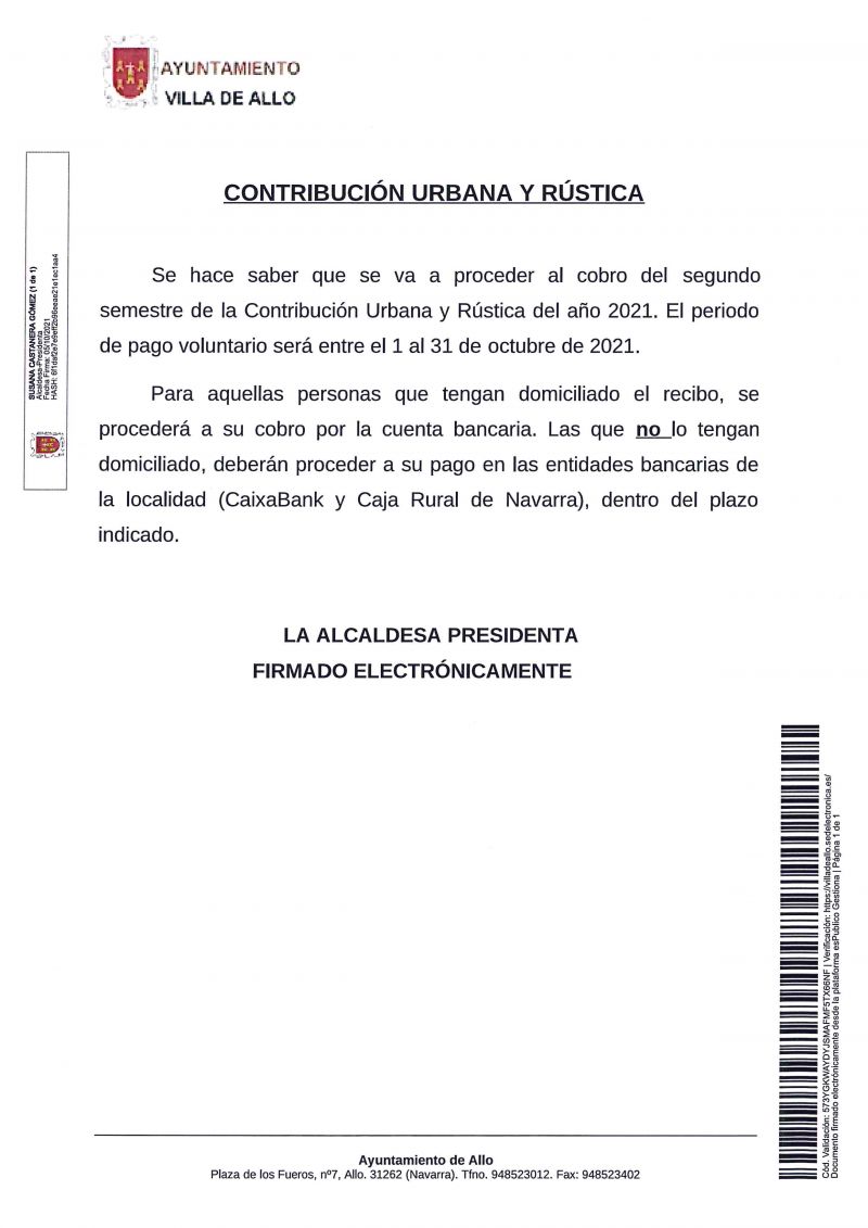CONTRIBUCION RUSTICA Y URBANA SEGUNDO SEMESTRE 2021