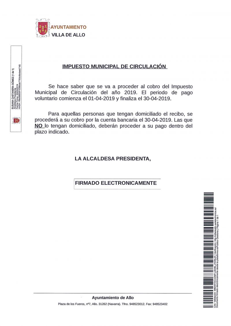 IMPUESTO DE CIRCULACIÓN 2019