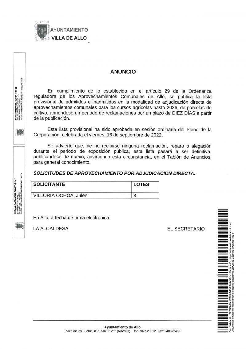 LISTA PROVISIONAL ADJUDICACION PARCELAS 2022