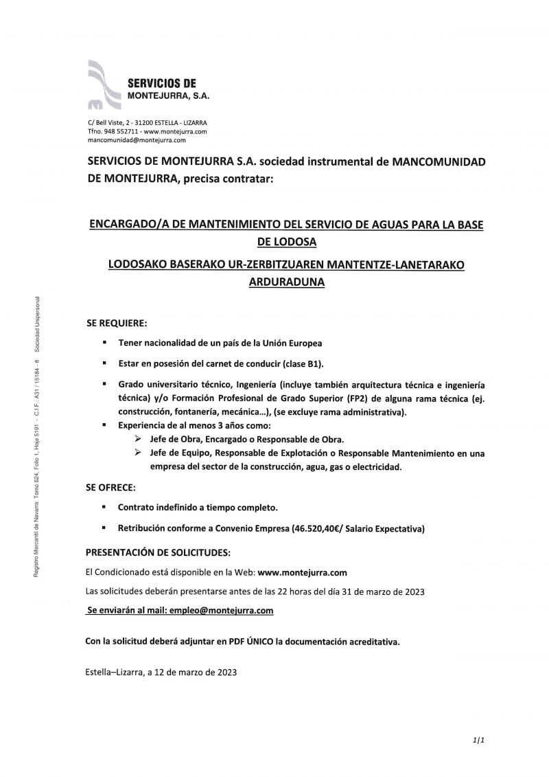 OFERTA DE EMPLEO MANCOMUNIDAD DE MONTEJURRA