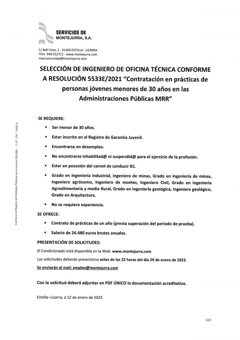 OFERTA DE EMPLEO MANCOMUNIDAD DE MONTEJURRA