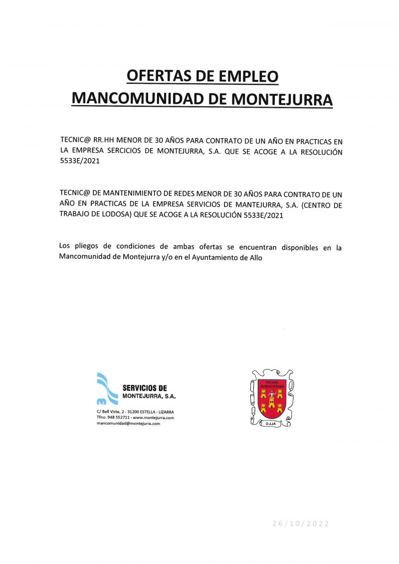 OFERTAS DE EMPLEO MANCOMUNIDAD DE MONTEJURRA