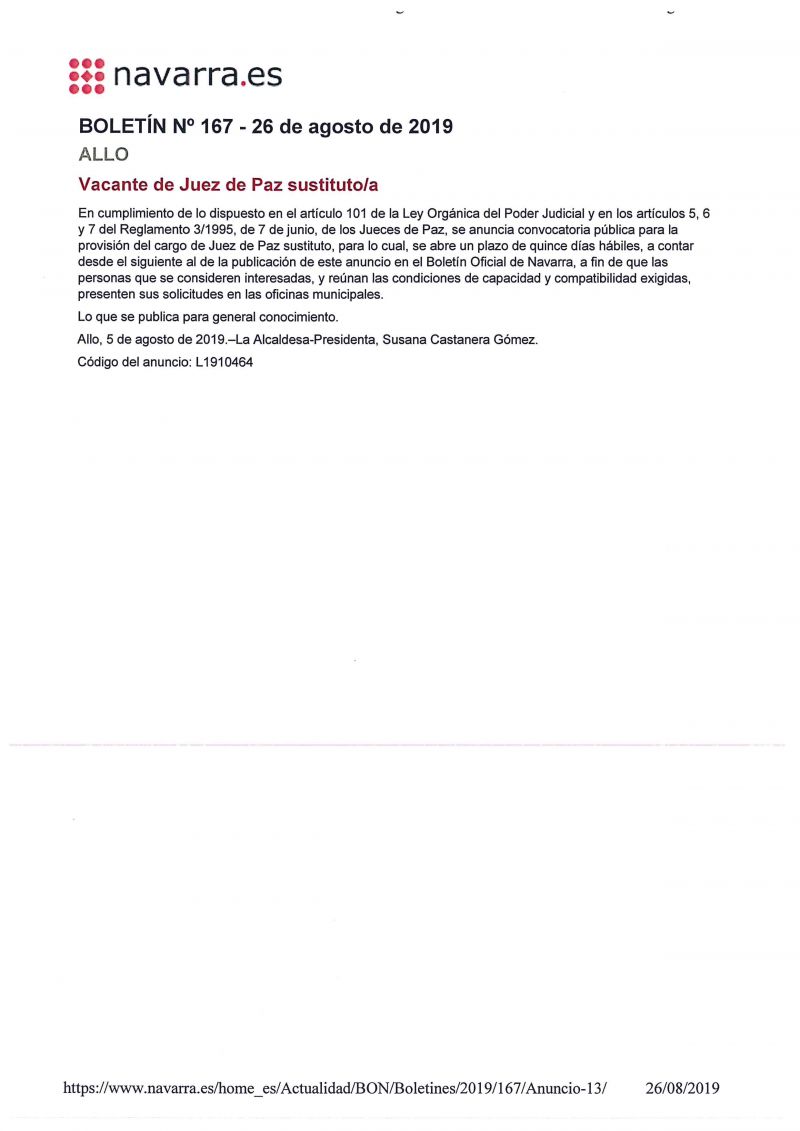VACANTE JUEZ DE PAZ SUSTITUTO/A