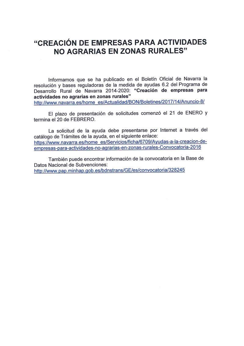 CREACIÓN DE EMPRESAS PARA ACTIVIDADES NO AGRARIAS EN ZONAS RURALES