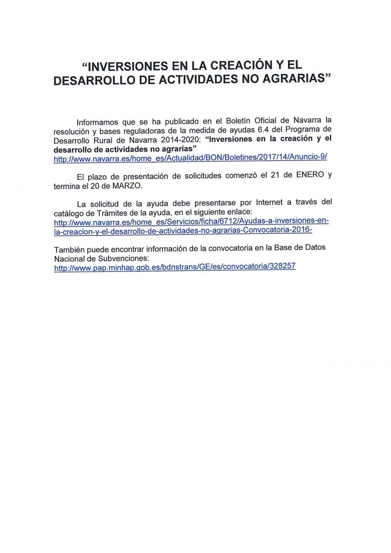 INVERSIONES EN LA CREACIÓN Y EL DESARROLLO DE ACTIVIDADES NO AGRARIAS