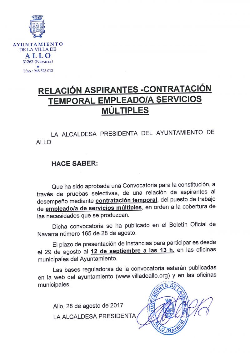 CONTRATACIÓN TEMPORAL EMPLEADO/A SERVICIOS MÚLTIPLES