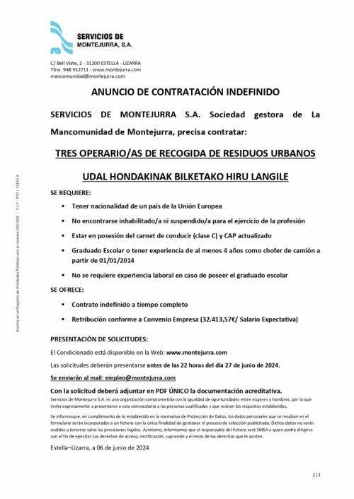 OFERTA DE EMPLEO MANCOMUNIDAD DE MONTEJURRA