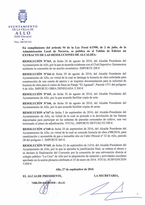 Extracto de las resoluciones de alcaldia