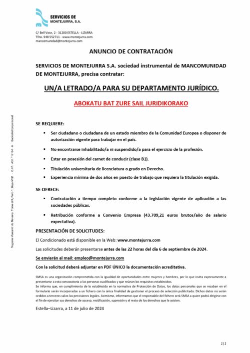 OFERTA DE EMPLEO MANCOMUNIDAD DE MONTEJURRA - LETRADO