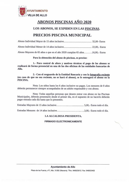 ABONOS PISCINA TEMPORADA 2020
