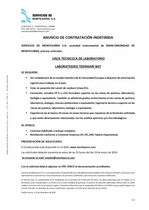OFERTA DE EMPLEO MANCOMUNIDAD - TECNICO/A LABORATORIO