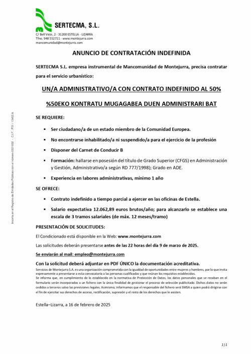 OFERTA DE EMPLEO MANCOMUNIDAD DE MONTEJURRA