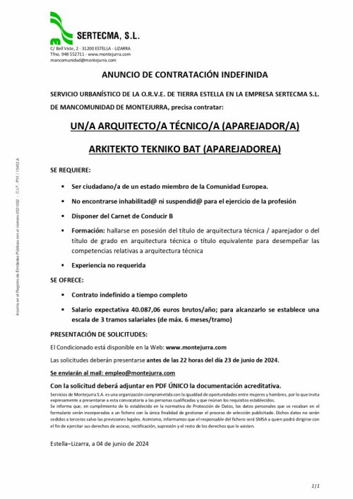 OFERTA DE EMPLEO MANCOMUNIDAD DE MONTEJURRA