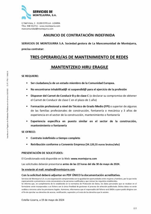 OFERTA DE EMPLEO MANCOMUNIDAD DE MONTEJURRA