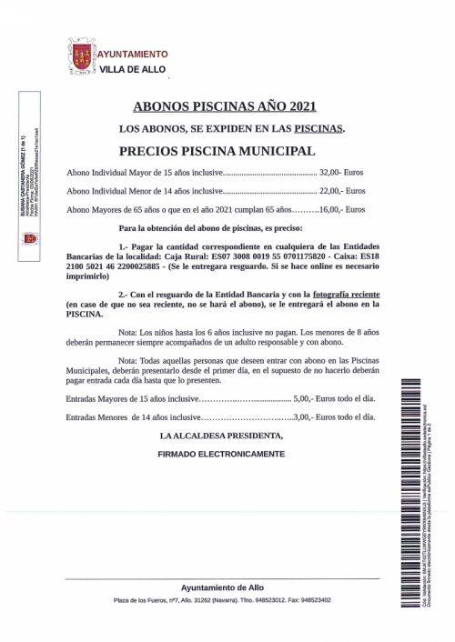 ABONOS PISCINA 2021