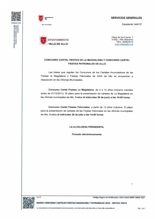BANDO ANUNCIADOR CONCURSO CARTEL FIESTAS MAGDALENAS Y PATRONALES 2024