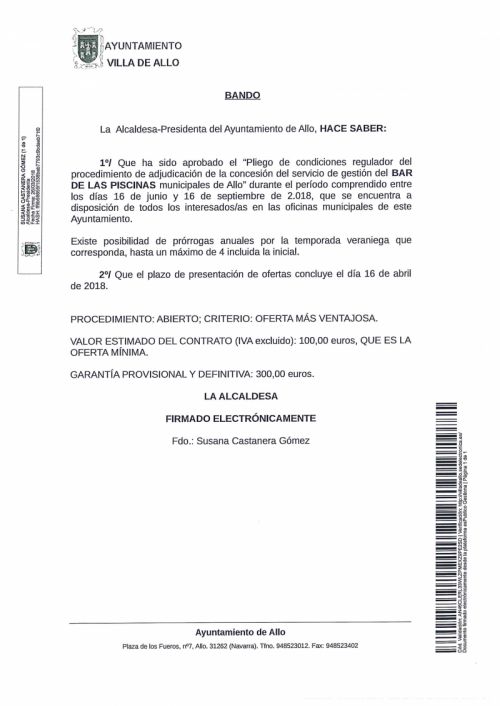 CONTRATACIÓN PARA LA CONCESIÓN DEL SERVICIO DE GESTIÓN DEL BAR DE LAS PISCINAS MUNICIPALES DE ALLO.