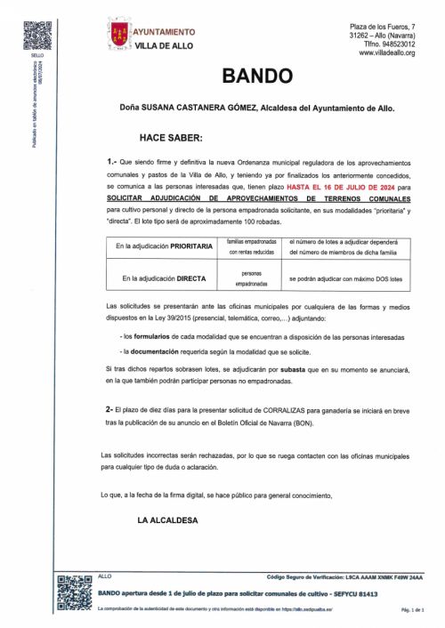 BANDO PARCELAS APROVECHAMIENTOS COMUNALES
