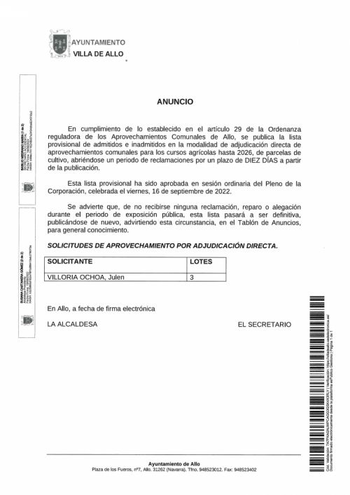 LISTA PROVISIONAL ADJUDICACION PARCELAS 2022