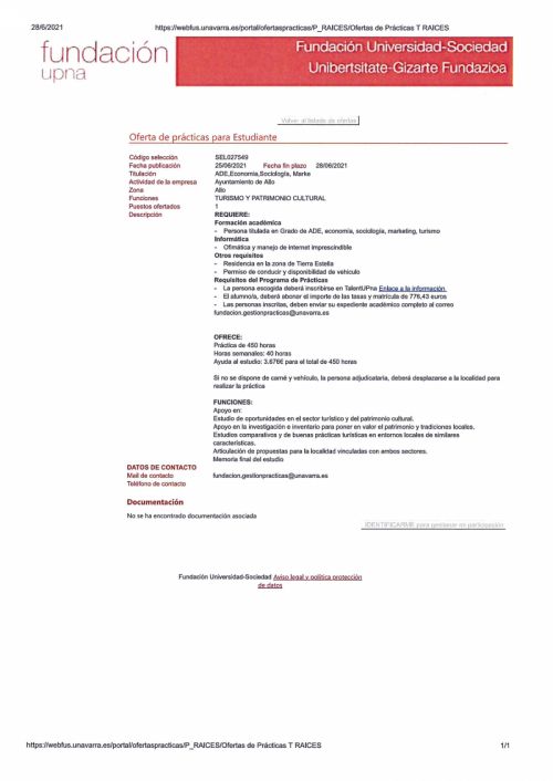 Oferta de Prácticas para estudiante