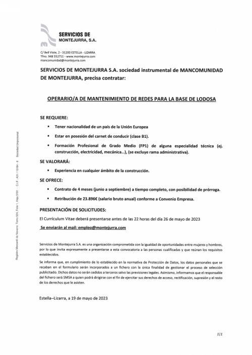 OFERTA DE EMPLEO MANCOMUNIDAD DE MONTEJURRA