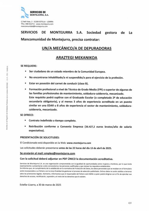 Oferta de empleo Mancomunidad de Montejurra - Técnico RRHH
