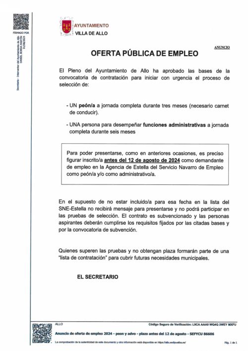 OFERTA DE EMPLEO PUBLICO EN ALLO