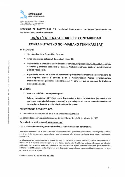OFERTA DE EMPLEO MANCOMUNIDAD DE MONTEJURRA
