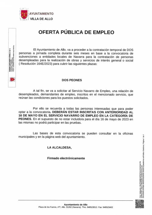 OFERTA DE EMPLEO - AYUNTAMIENTO DE ALLO