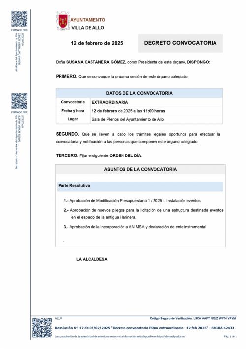 CONVOCATORIA SESIÓN PLENARIA extraordinaria 12 de febrero