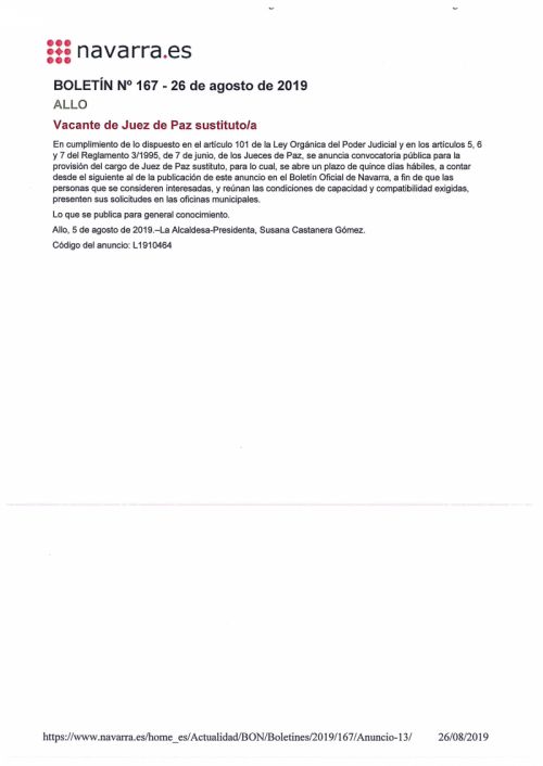 VACANTE JUEZ DE PAZ SUSTITUTO/A