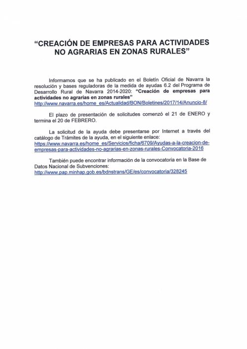CREACIÓN DE EMPRESAS PARA ACTIVIDADES NO AGRARIAS EN ZONAS RURALES