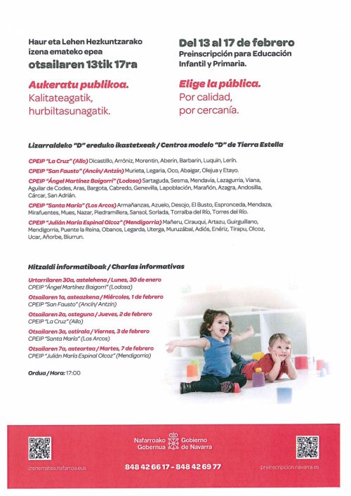 CHARLAS INFORMATIVAS PREINSCRIPCIÓN PARA EDUCACIÓN INFANTIL Y PRIMARIA