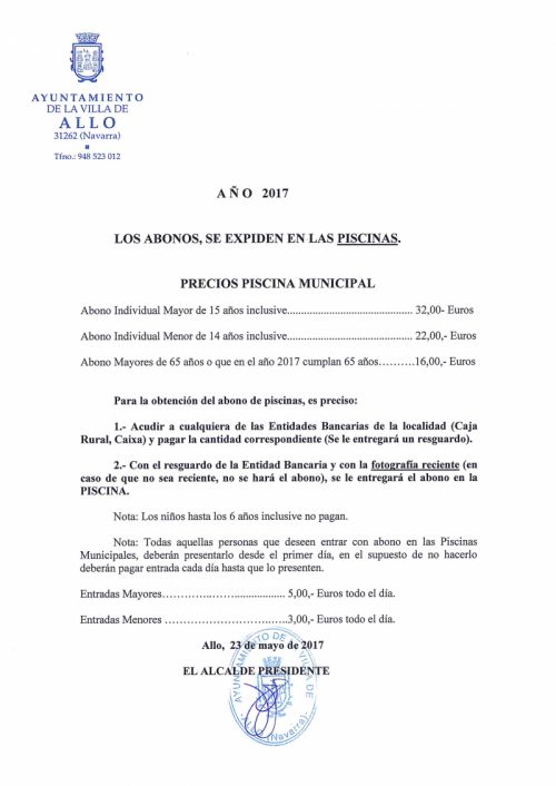 PRECIOS PISCINA MUNICIPAL