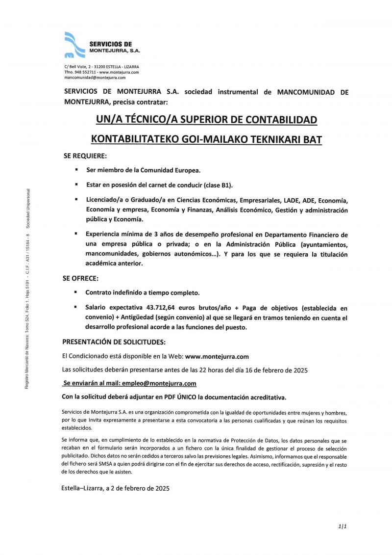 OFERTA DE EMPLEO MANCOMUNIDAD DE MONTEJURRA