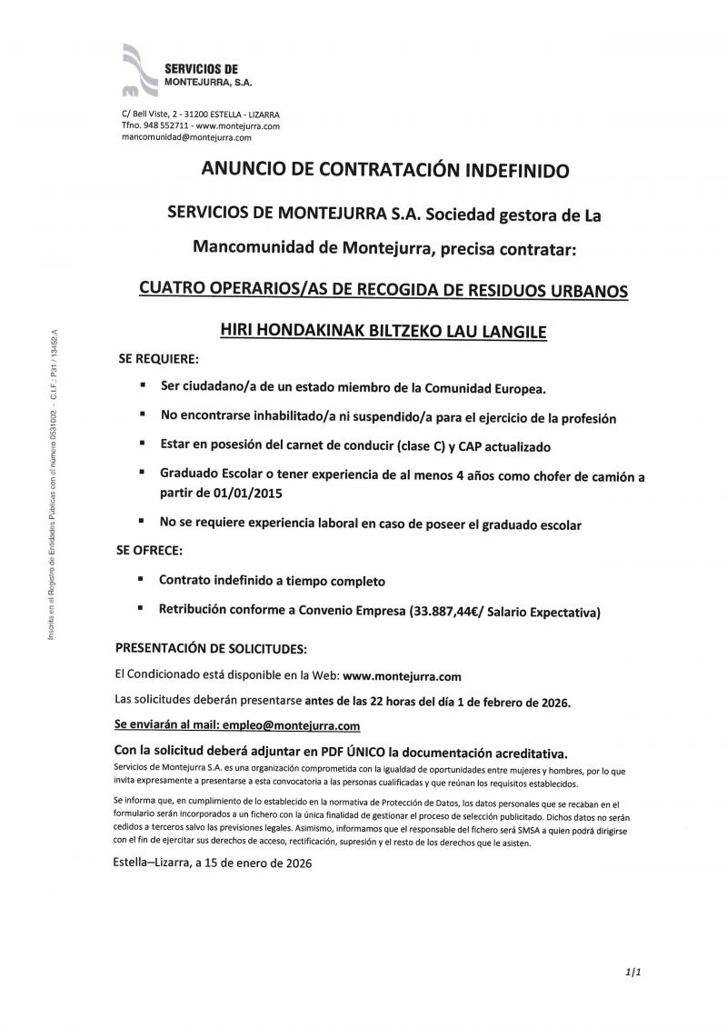 OFERTA DE EMPLEO MANCOMUNIDAD DE MONTEJURRA